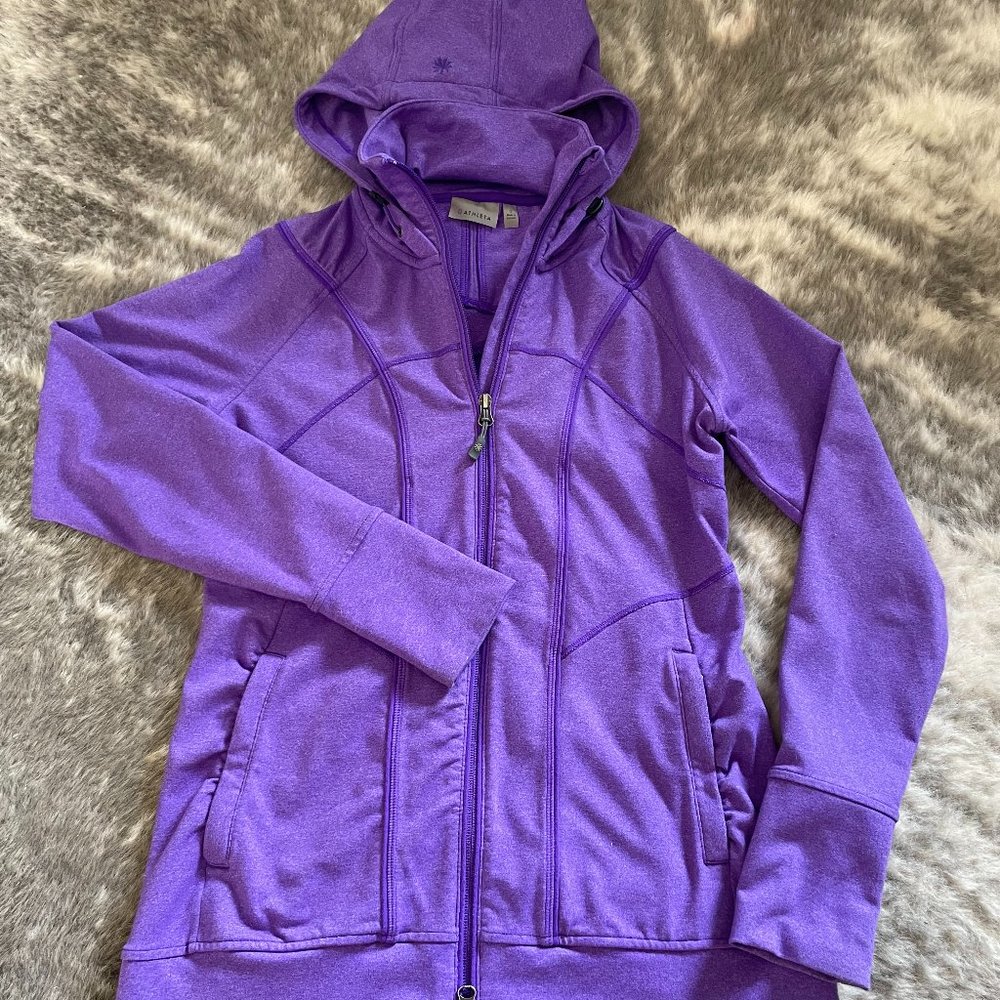 ATHLETA Purple Rishi Yoga Hoodie Ruched Back Long Athletic Jacket Size S